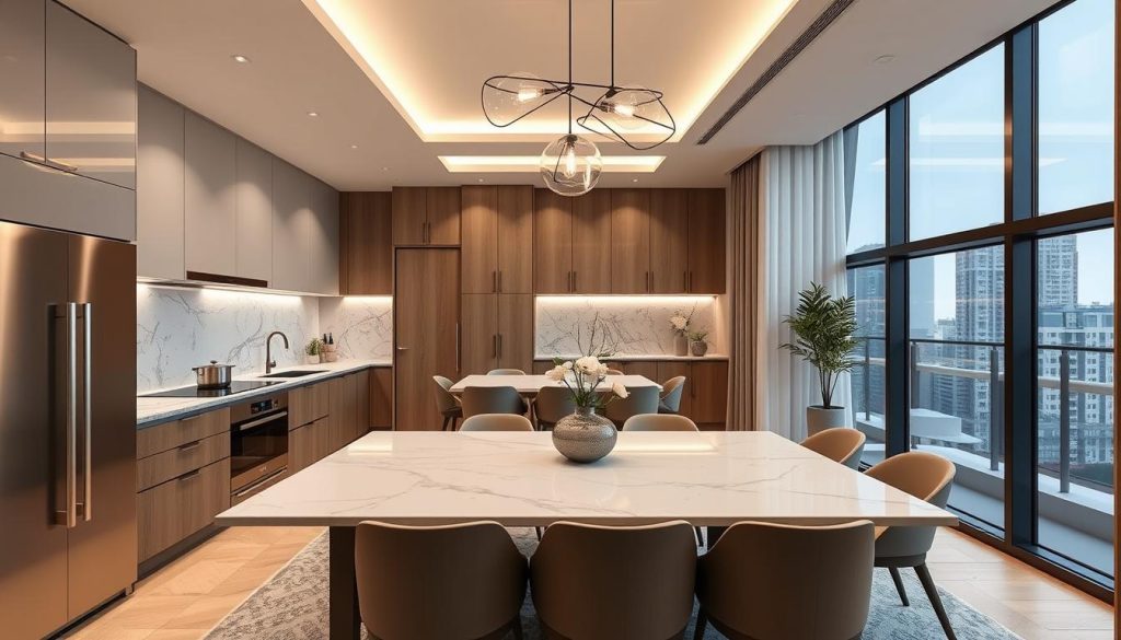 Phòng bếp và khu vực ăn uống căn hộ mẫu tại Newtown Diamond Đà Nẵng